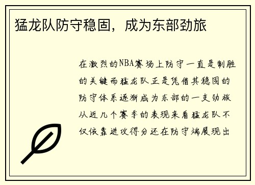 猛龙队防守稳固，成为东部劲旅