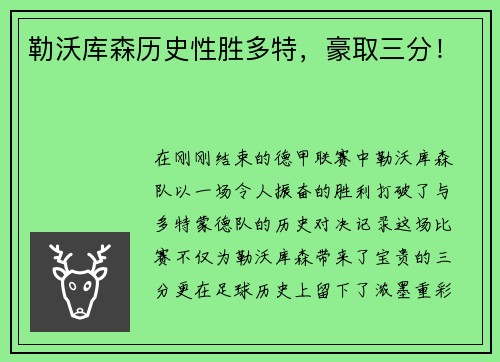 勒沃库森历史性胜多特，豪取三分！