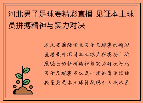 河北男子足球赛精彩直播 见证本土球员拼搏精神与实力对决